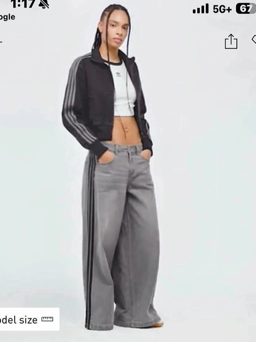 adidas High-Rise Wide-Leg Denim Pants Gray